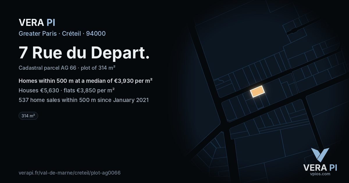 7 Rue du Depart, Créteil at night – the plot lit, the parcels around coloured by the prices near them