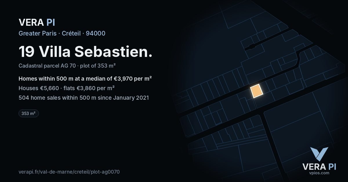 19 Villa Sebastien, Créteil at night – the plot lit, the parcels around coloured by the prices near them