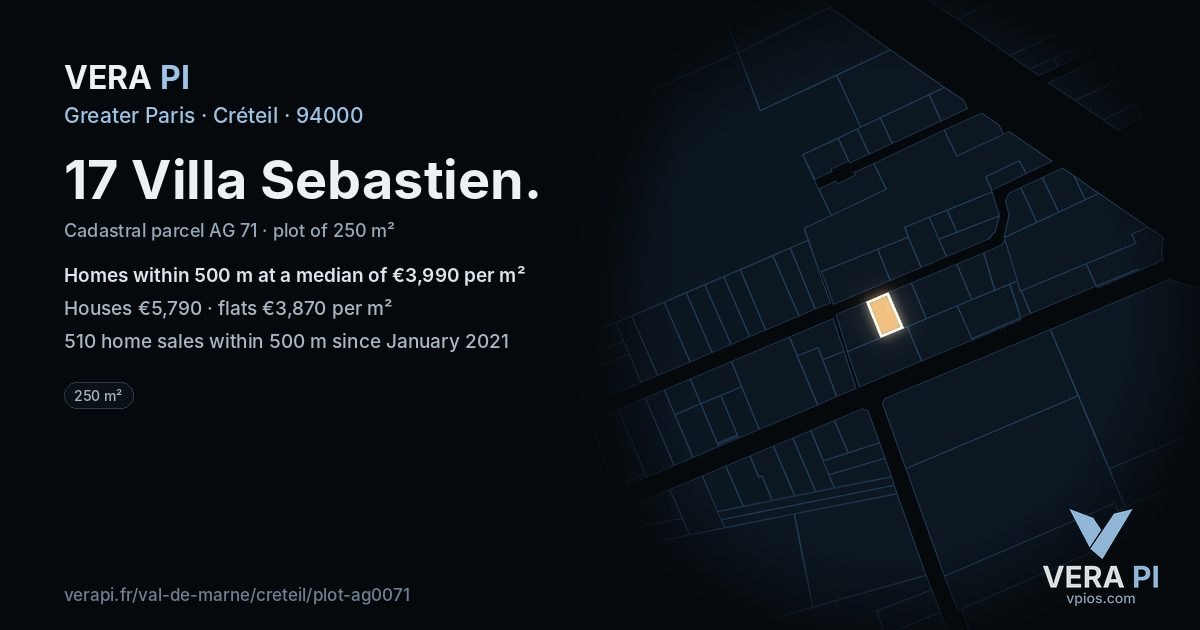 17 Villa Sebastien, Créteil at night – the plot lit, the parcels around coloured by the prices near them