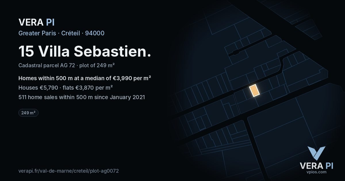 15 Villa Sebastien, Créteil at night – the plot lit, the parcels around coloured by the prices near them