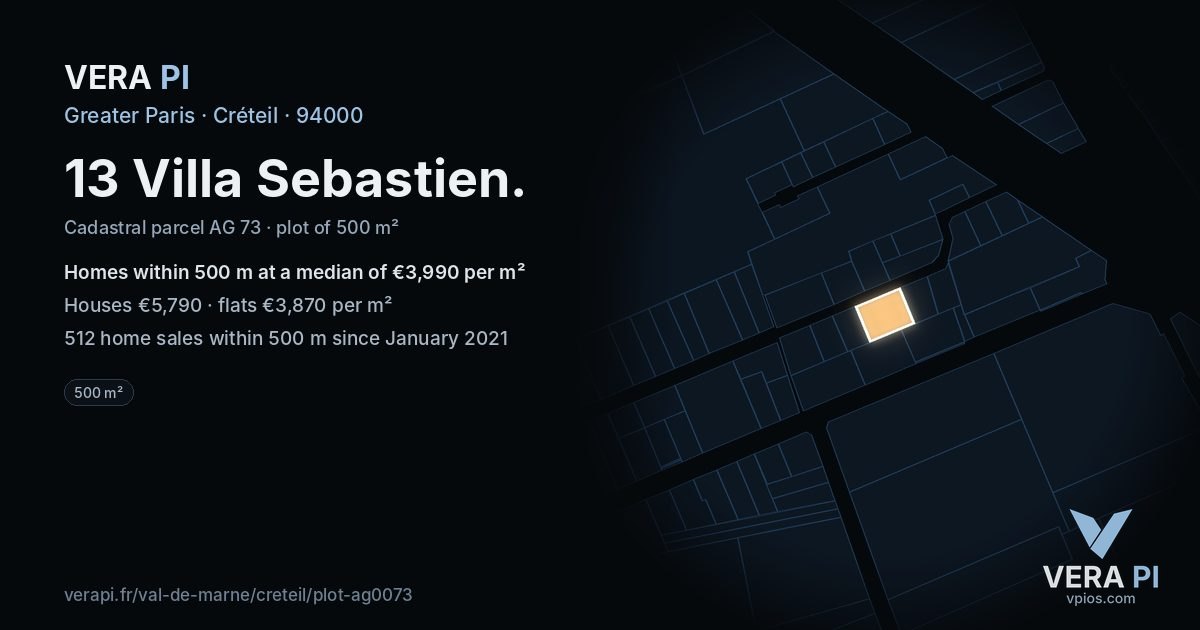 13 Villa Sebastien, Créteil at night – the plot lit, the parcels around coloured by the prices near them