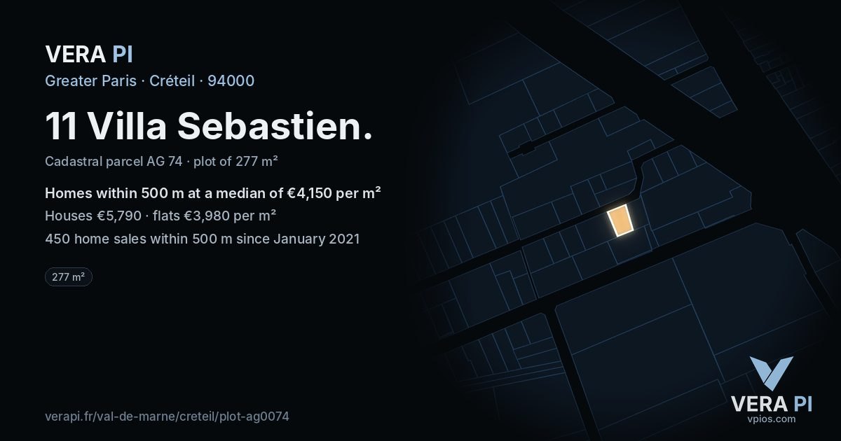 11 Villa Sebastien, Créteil at night – the plot lit, the parcels around coloured by the prices near them