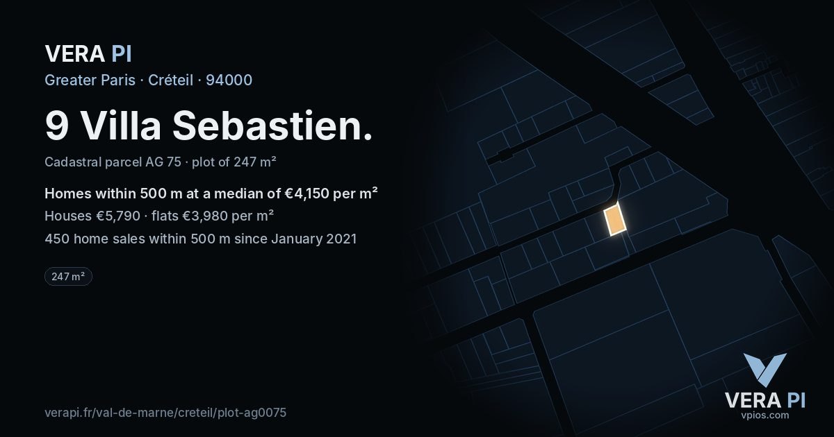 9 Villa Sebastien, Créteil at night – the plot lit, the parcels around coloured by the prices near them