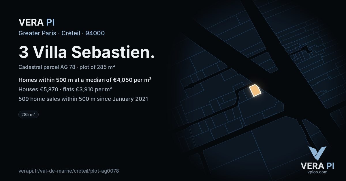 3 Villa Sebastien, Créteil at night – the plot lit, the parcels around coloured by the prices near them