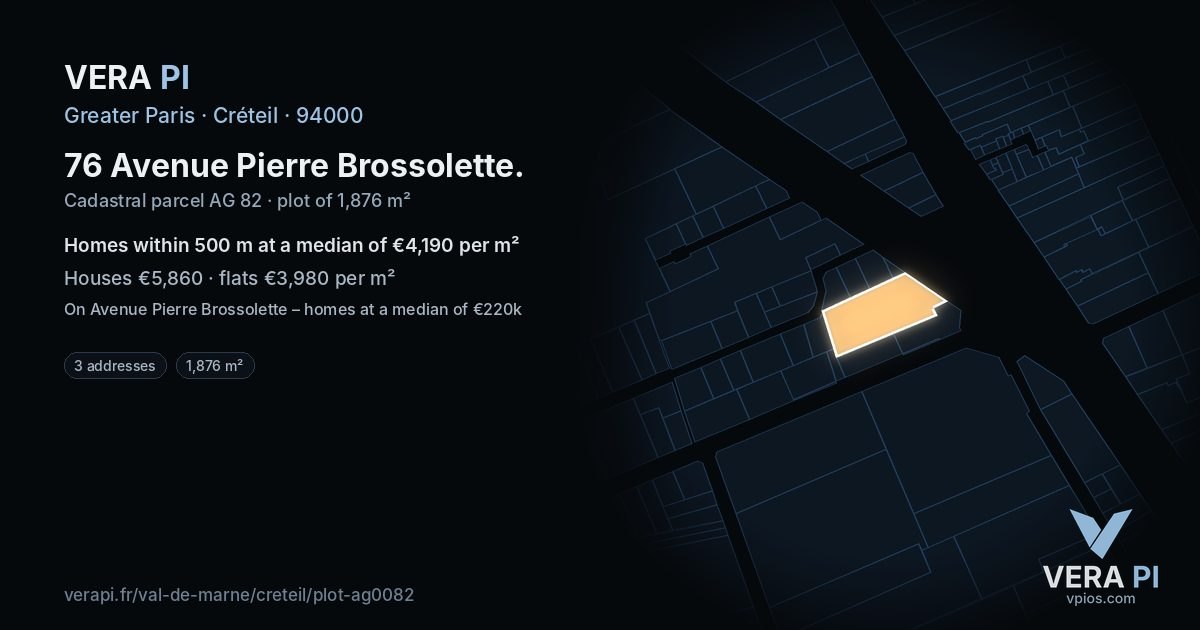 76 Avenue Pierre Brossolette, Créteil at night – the plot lit, the parcels around coloured by the prices near them
