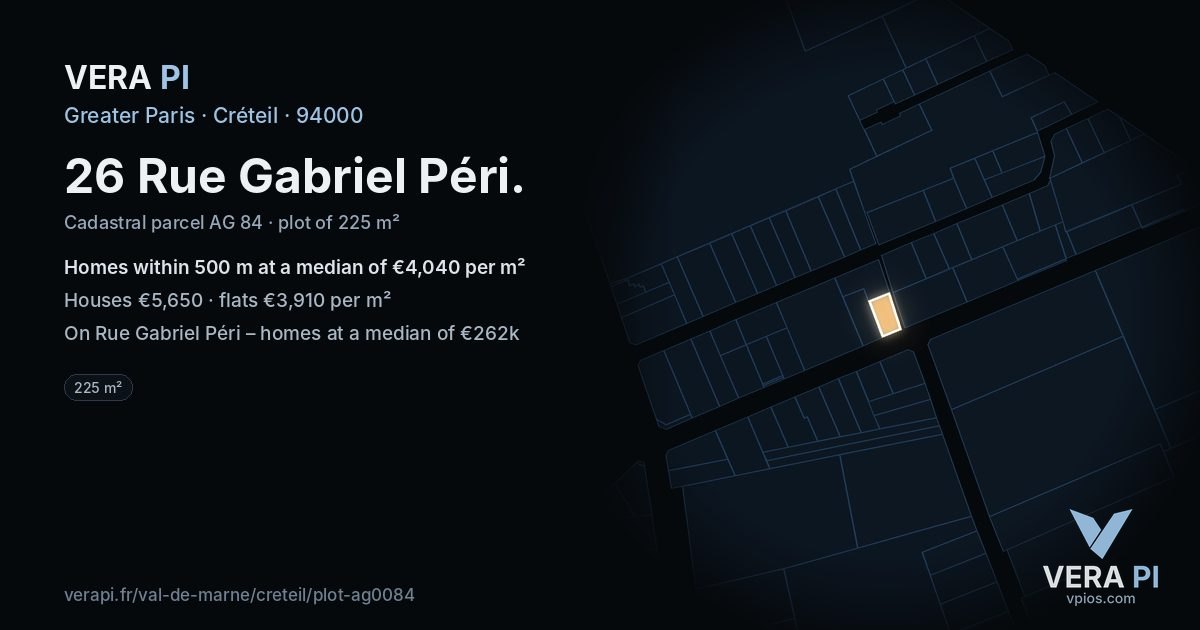 26 Rue Gabriel Péri, Créteil at night – the plot lit, the parcels around coloured by the prices near them