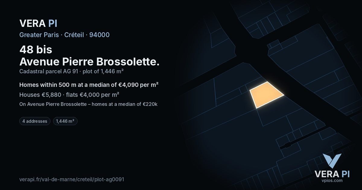 48 bis Avenue Pierre Brossolette, Créteil at night – the plot lit, the parcels around coloured by the prices near them