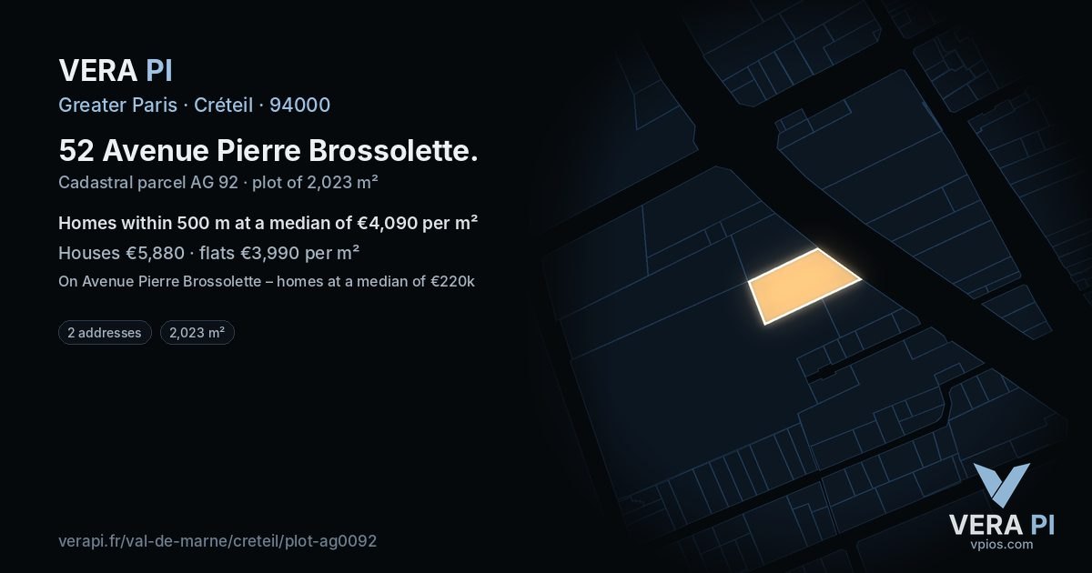 52 Avenue Pierre Brossolette, Créteil at night – the plot lit, the parcels around coloured by the prices near them