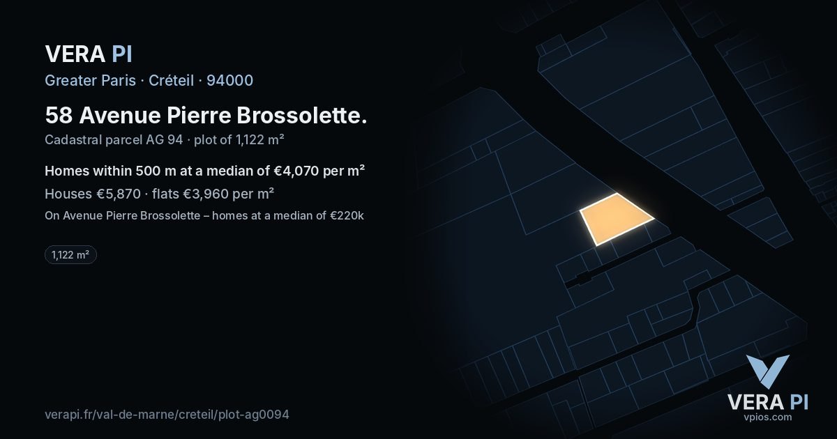58 Avenue Pierre Brossolette, Créteil at night – the plot lit, the parcels around coloured by the prices near them