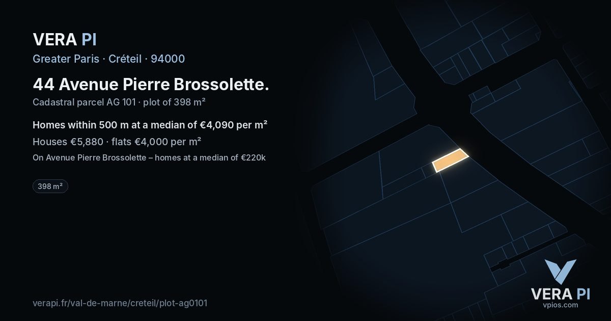 44 Avenue Pierre Brossolette, Créteil at night – the plot lit, the parcels around coloured by the prices near them