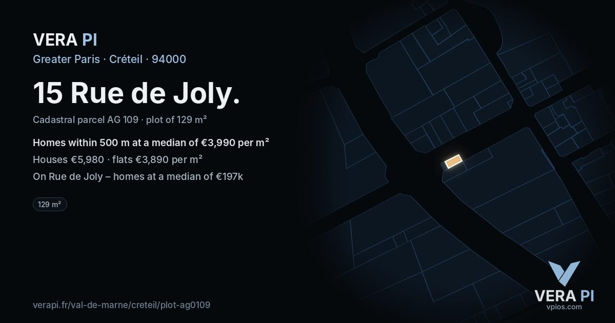 15 Rue de Joly, Créteil at night – the plot lit, the parcels around coloured by the prices near them