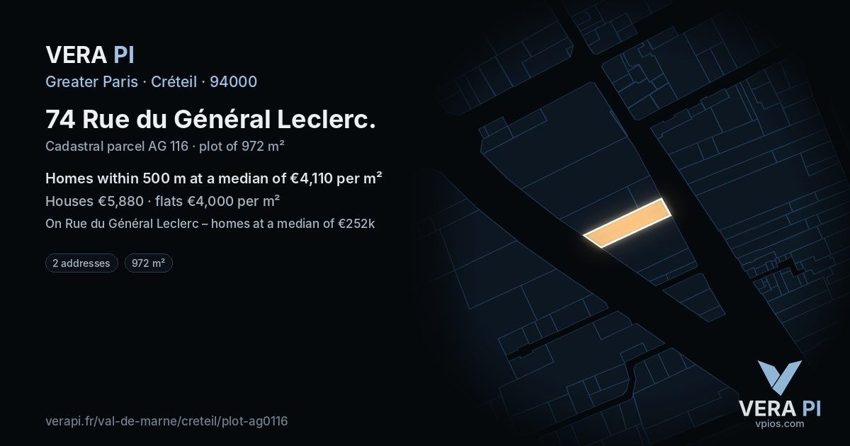 74 Rue du Général Leclerc, Créteil at night – the plot lit, the parcels around coloured by the prices near them