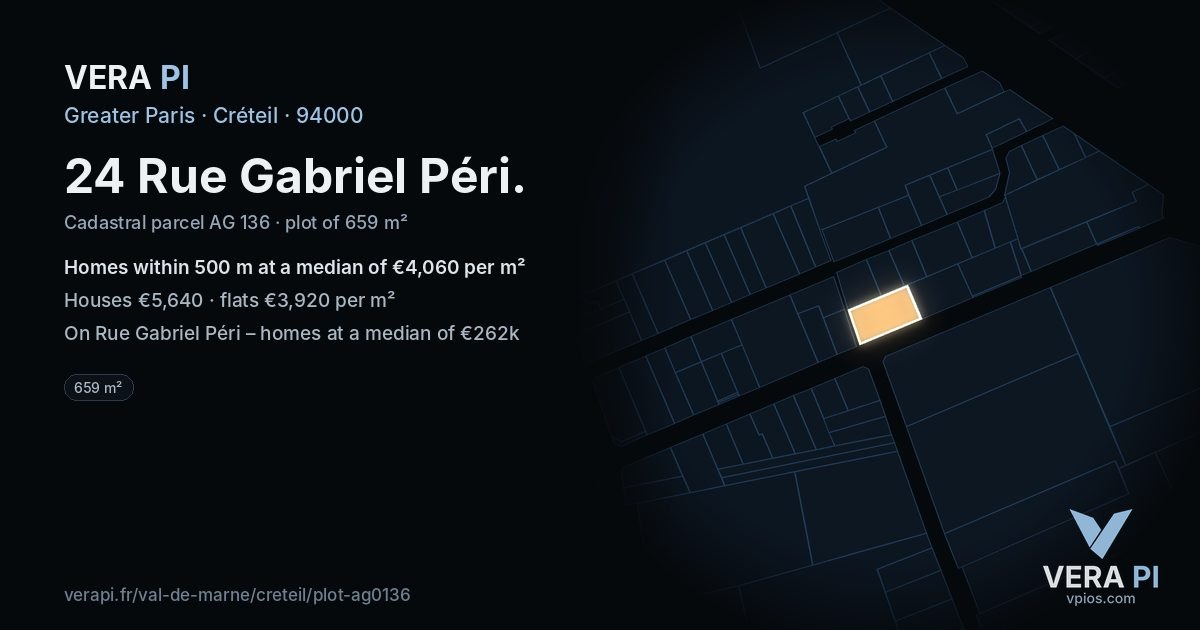 24 Rue Gabriel Péri, Créteil at night – the plot lit, the parcels around coloured by the prices near them