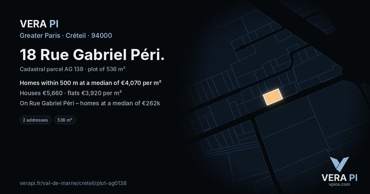 18 Rue Gabriel Péri, Créteil at night – the plot lit, the parcels around coloured by the prices near them