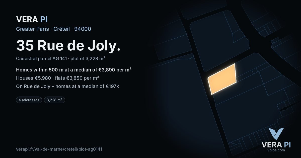 35 Rue de Joly, Créteil at night – the plot lit, the parcels around coloured by the prices near them