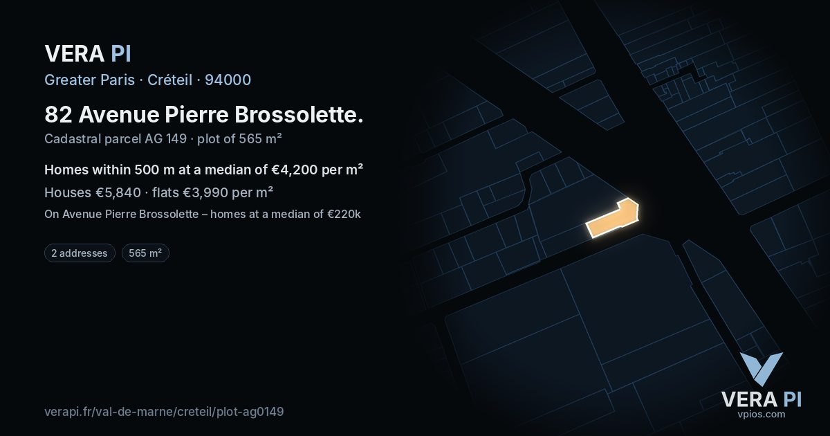 82 Avenue Pierre Brossolette, Créteil at night – the plot lit, the parcels around coloured by the prices near them