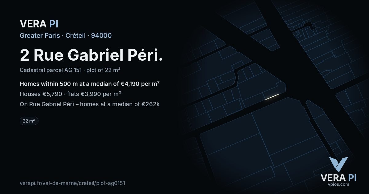 2 Rue Gabriel Péri, Créteil at night – the plot lit, the parcels around coloured by the prices near them