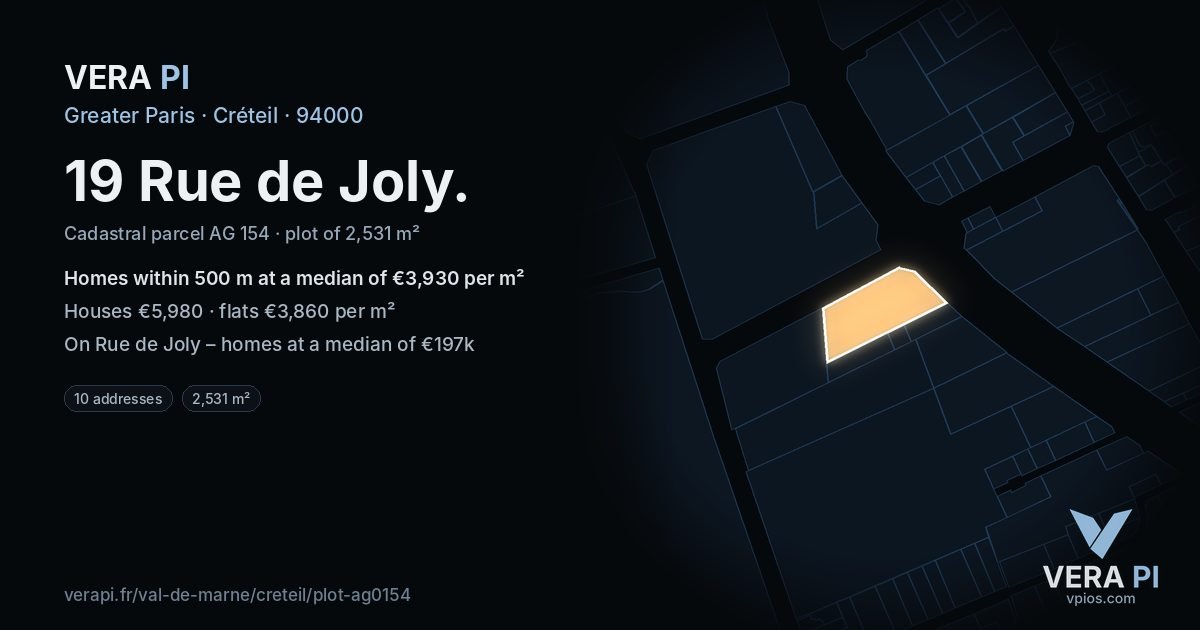 19 Rue de Joly, Créteil at night – the plot lit, the parcels around coloured by the prices near them