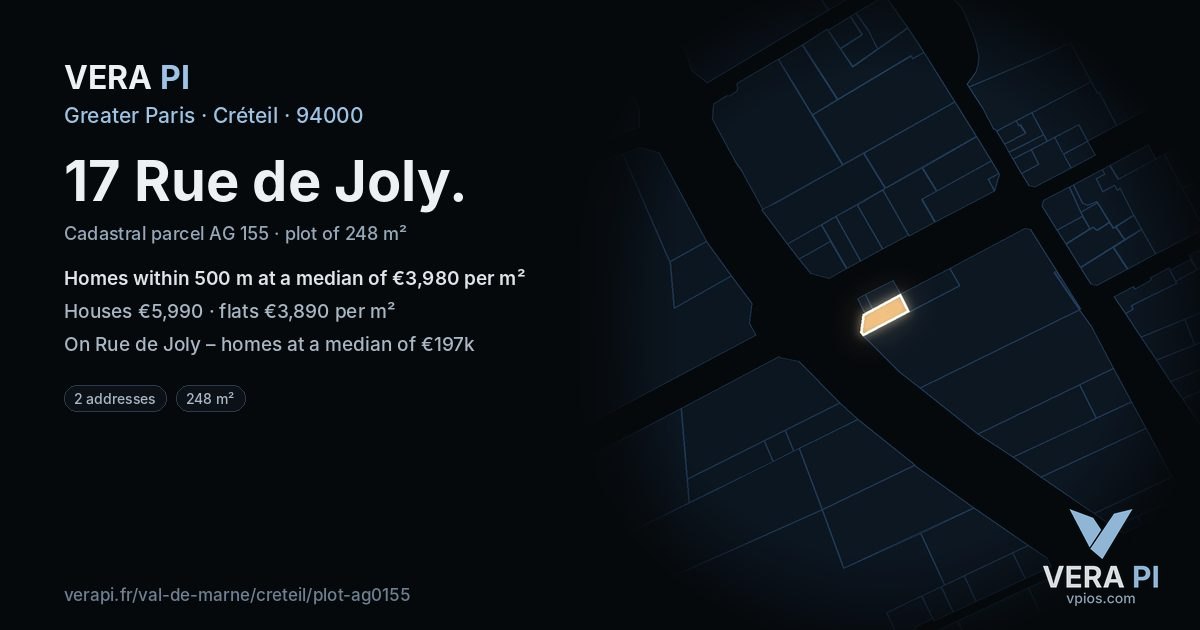 17 Rue de Joly, Créteil at night – the plot lit, the parcels around coloured by the prices near them