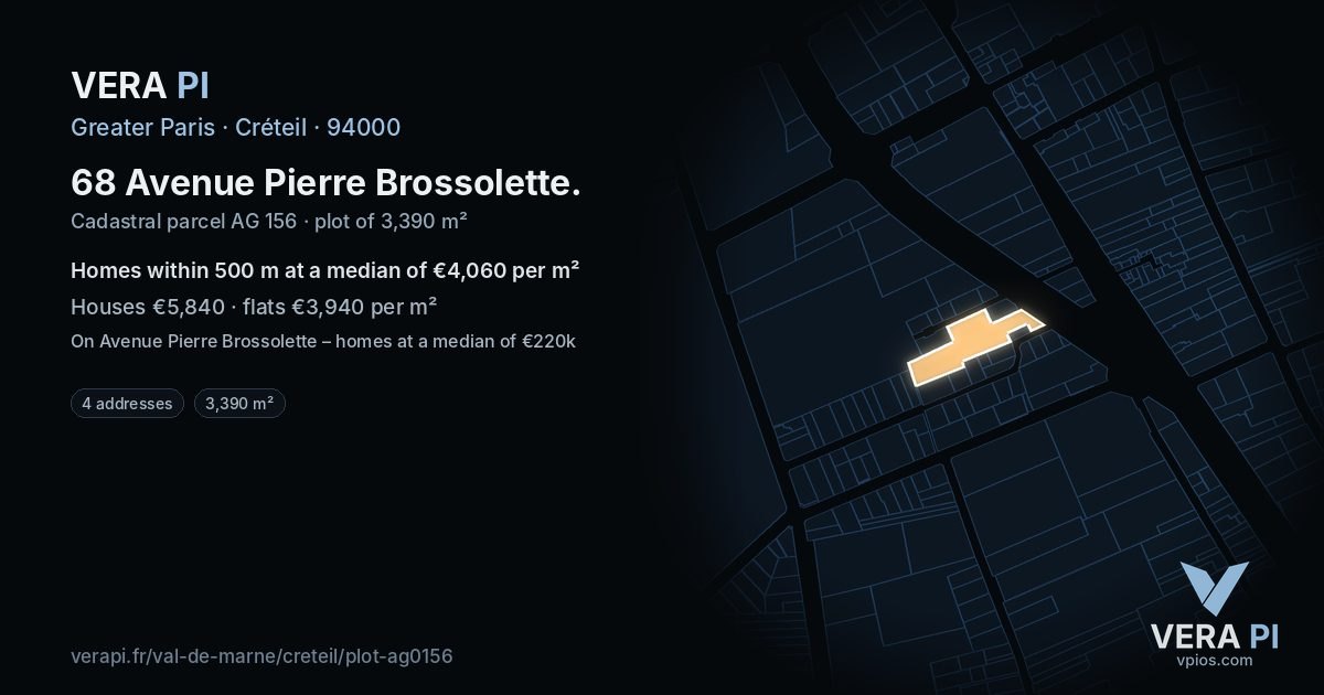 68 Avenue Pierre Brossolette, Créteil at night – the plot lit, the parcels around coloured by the prices near them