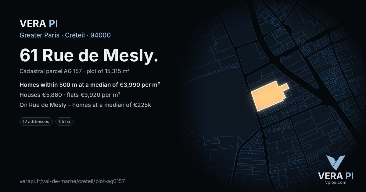 61 Rue de Mesly, Créteil at night – the plot lit, the parcels around coloured by the prices near them