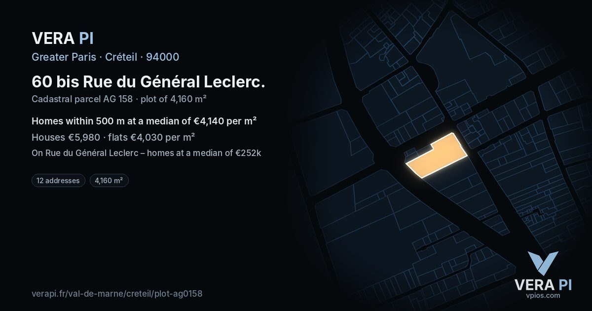 60 bis Rue du Général Leclerc, Créteil at night – the plot lit, the parcels around coloured by the prices near them