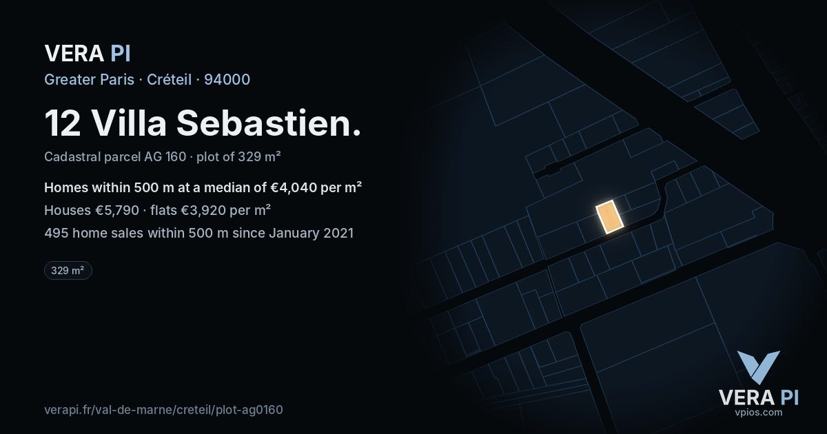 12 Villa Sebastien, Créteil at night – the plot lit, the parcels around coloured by the prices near them