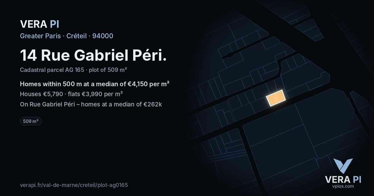 14 Rue Gabriel Péri, Créteil at night – the plot lit, the parcels around coloured by the prices near them