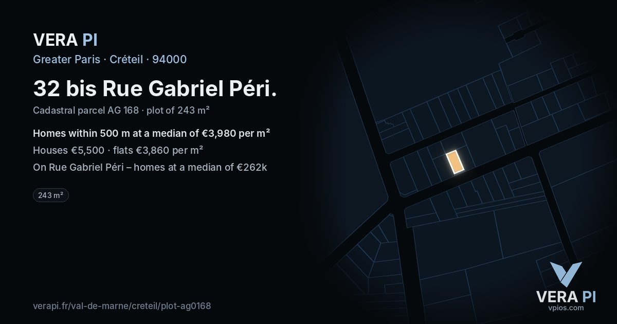 32 bis Rue Gabriel Péri, Créteil at night – the plot lit, the parcels around coloured by the prices near them