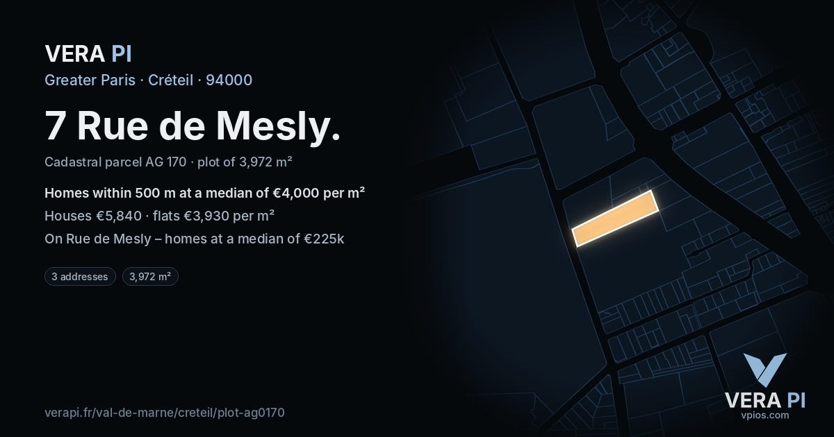 7 Rue de Mesly, Créteil at night – the plot lit, the parcels around coloured by the prices near them