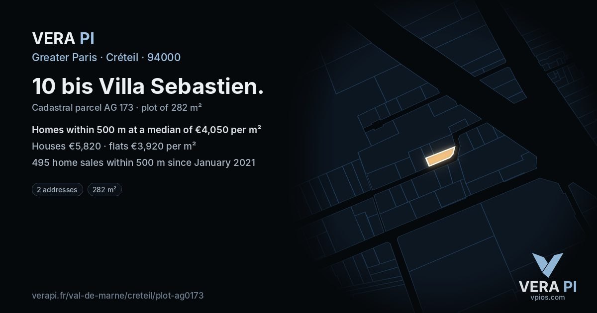 10 bis Villa Sebastien, Créteil at night – the plot lit, the parcels around coloured by the prices near them