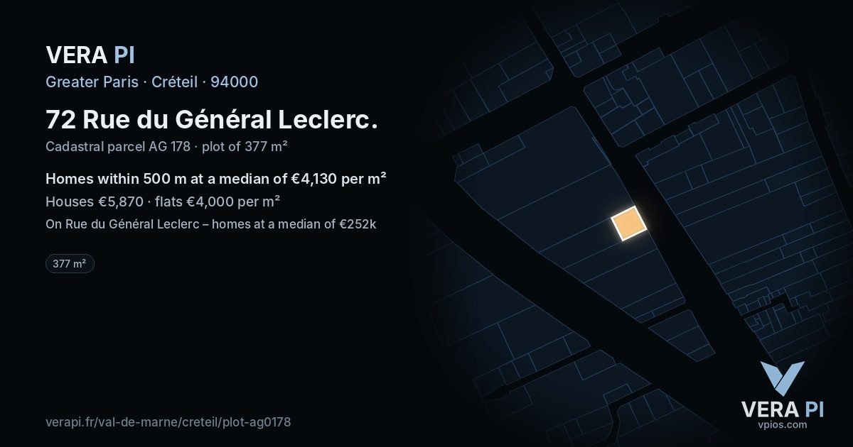 72 Rue du Général Leclerc, Créteil at night – the plot lit, the parcels around coloured by the prices near them
