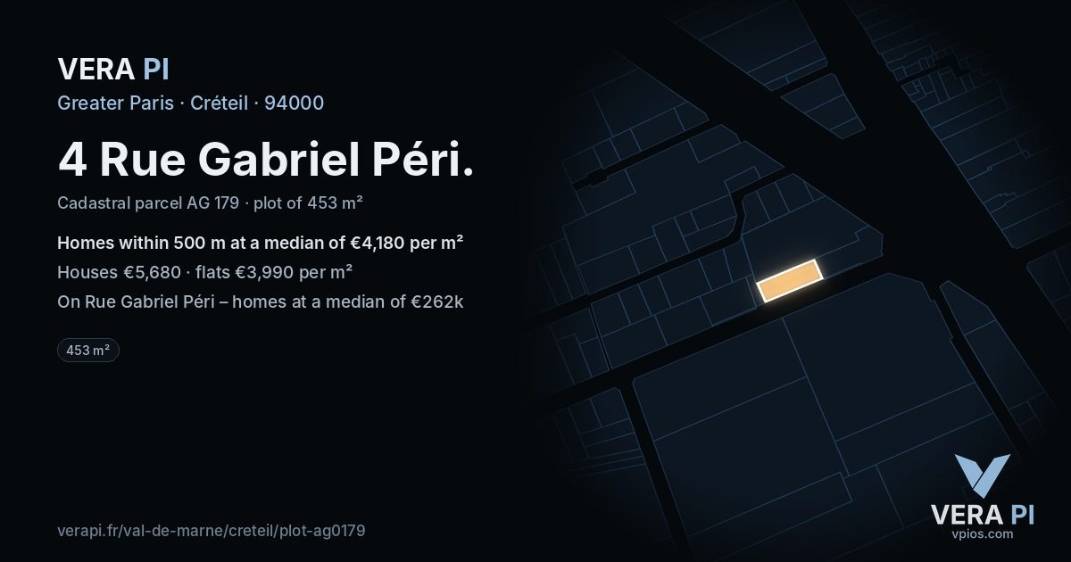 4 Rue Gabriel Péri, Créteil at night – the plot lit, the parcels around coloured by the prices near them