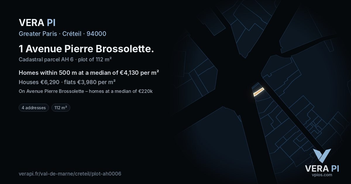 1 Avenue Pierre Brossolette, Créteil at night – the plot lit, the parcels around coloured by the prices near them