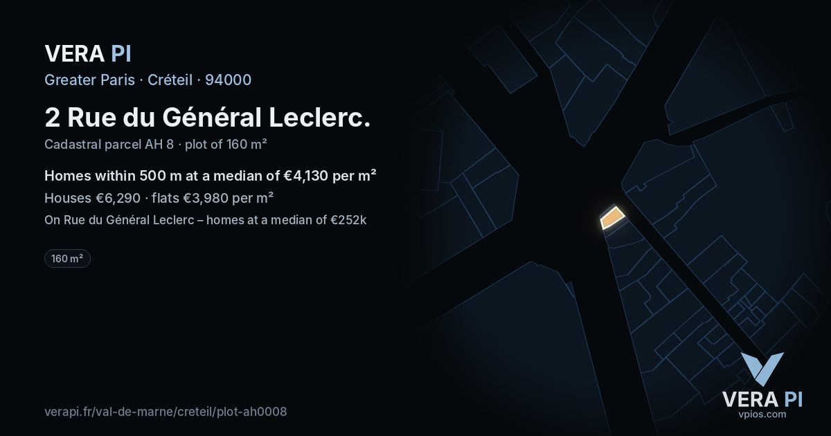 2 Rue du Général Leclerc, Créteil at night – the plot lit, the parcels around coloured by the prices near them