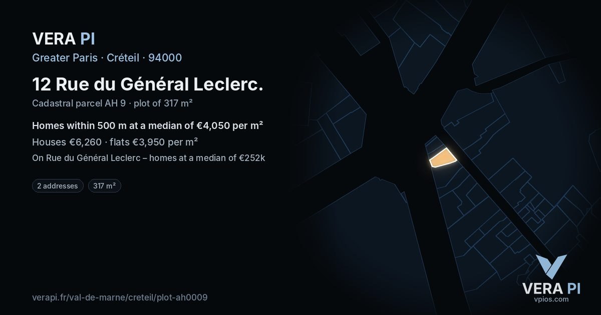 12 Rue du Général Leclerc, Créteil at night – the plot lit, the parcels around coloured by the prices near them