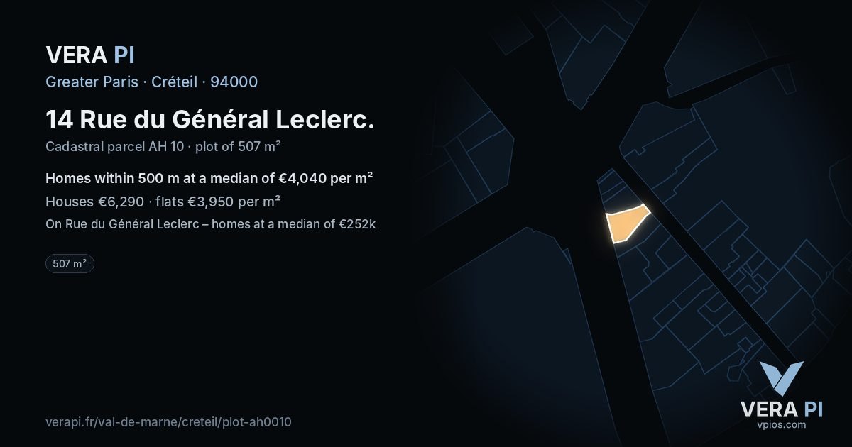 14 Rue du Général Leclerc, Créteil at night – the plot lit, the parcels around coloured by the prices near them