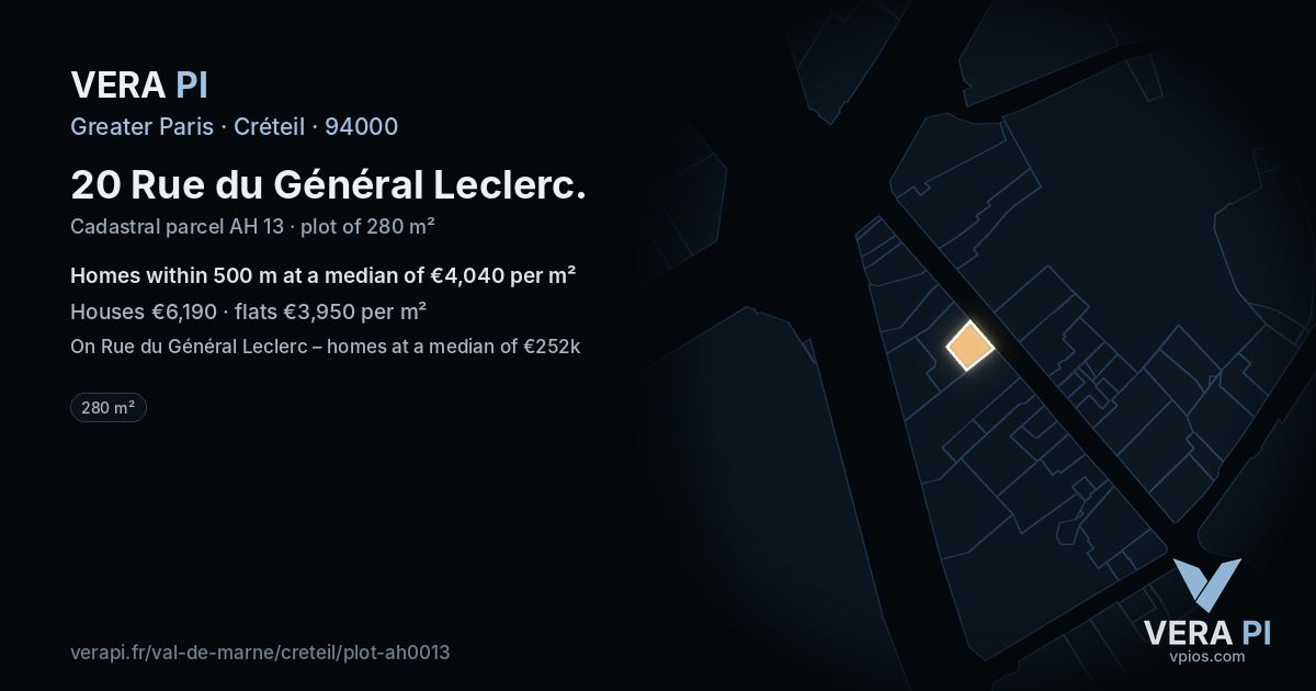 20 Rue du Général Leclerc, Créteil at night – the plot lit, the parcels around coloured by the prices near them