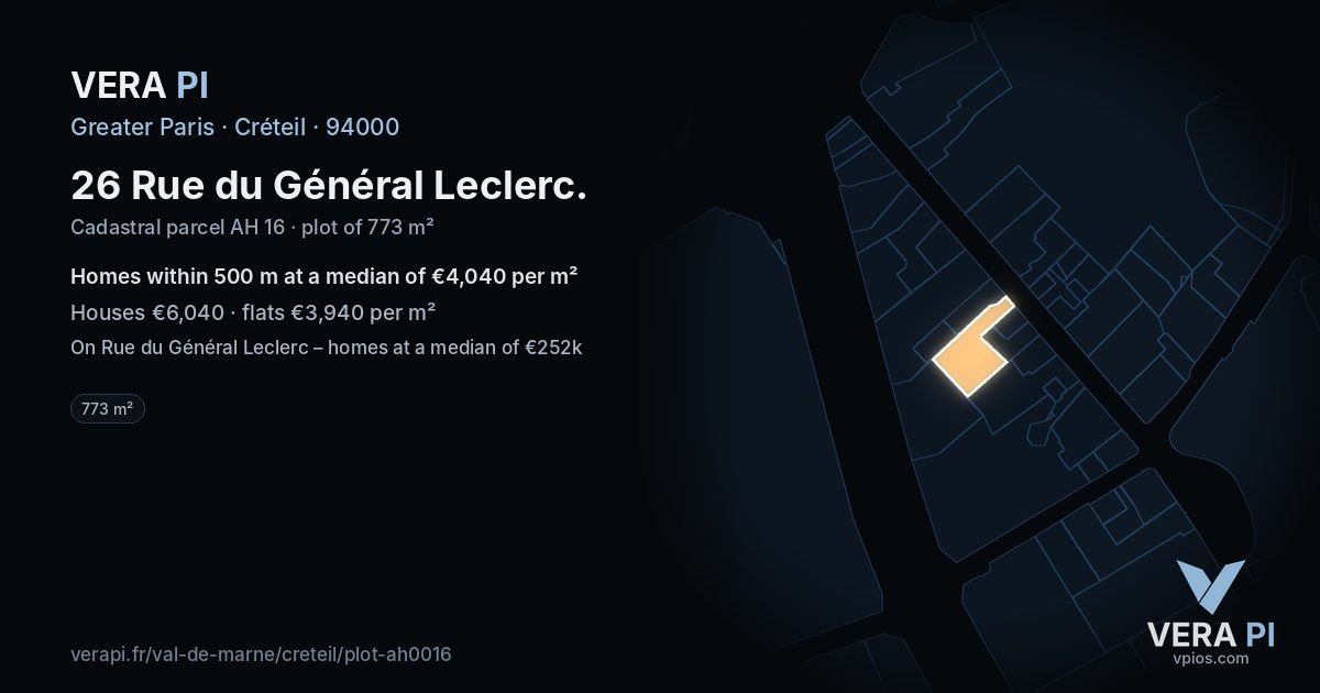 26 Rue du Général Leclerc, Créteil at night – the plot lit, the parcels around coloured by the prices near them