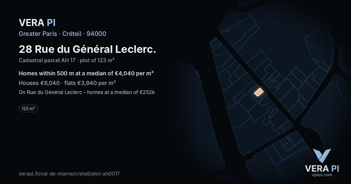 28 Rue du Général Leclerc, Créteil at night – the plot lit, the parcels around coloured by the prices near them