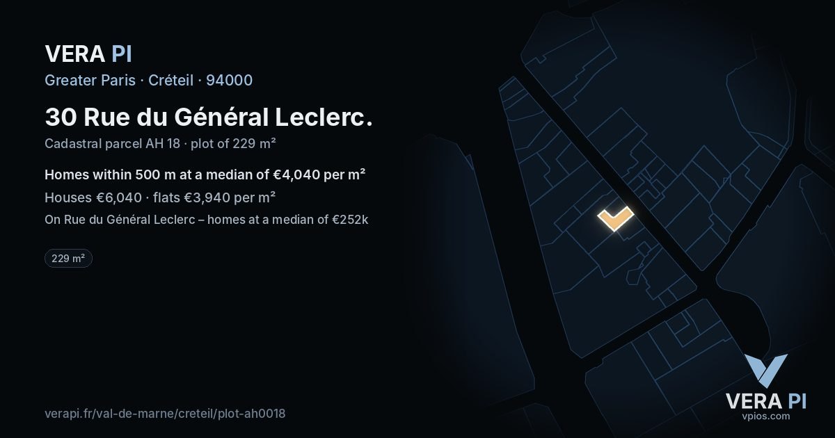 30 Rue du Général Leclerc, Créteil at night – the plot lit, the parcels around coloured by the prices near them