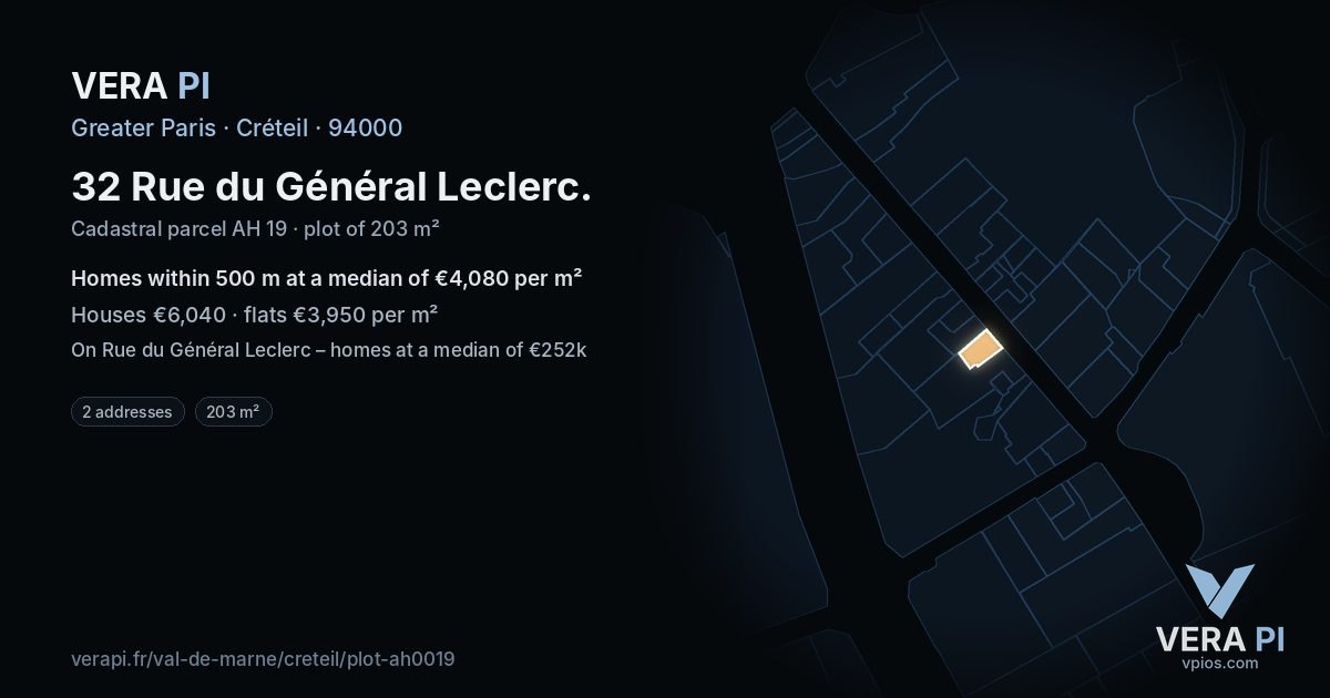 32 Rue du Général Leclerc, Créteil at night – the plot lit, the parcels around coloured by the prices near them