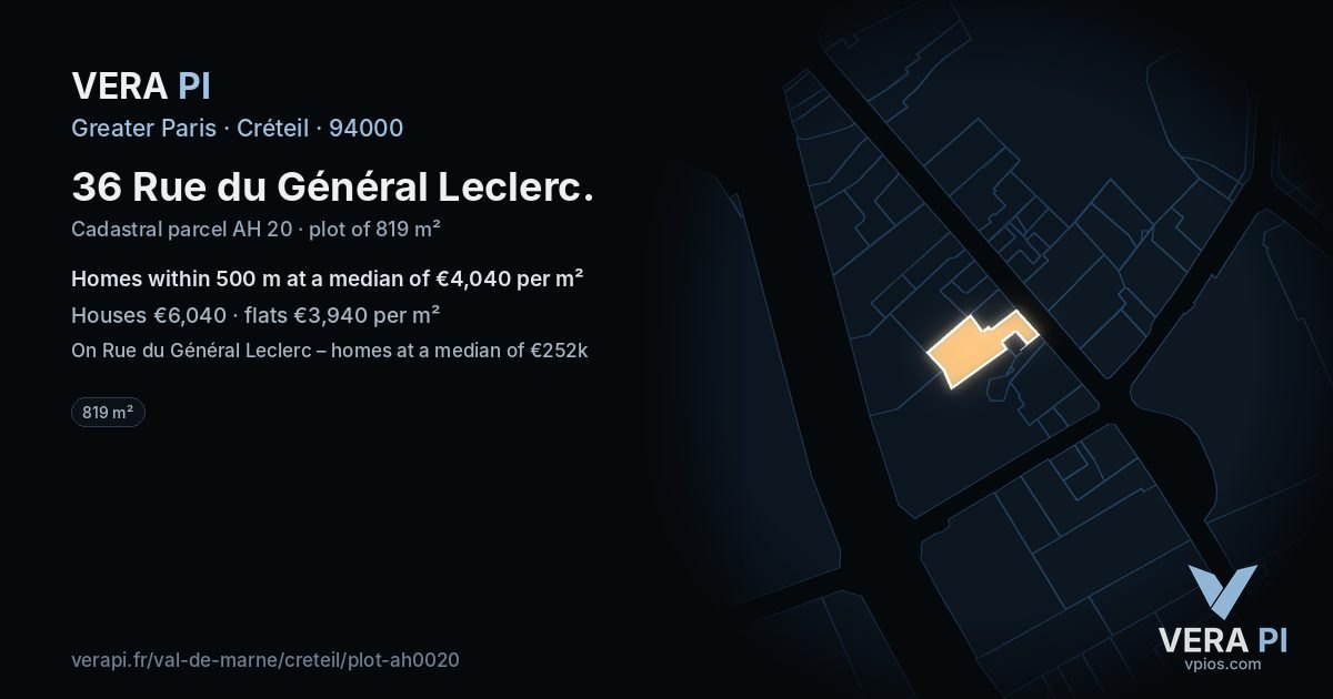 36 Rue du Général Leclerc, Créteil at night – the plot lit, the parcels around coloured by the prices near them