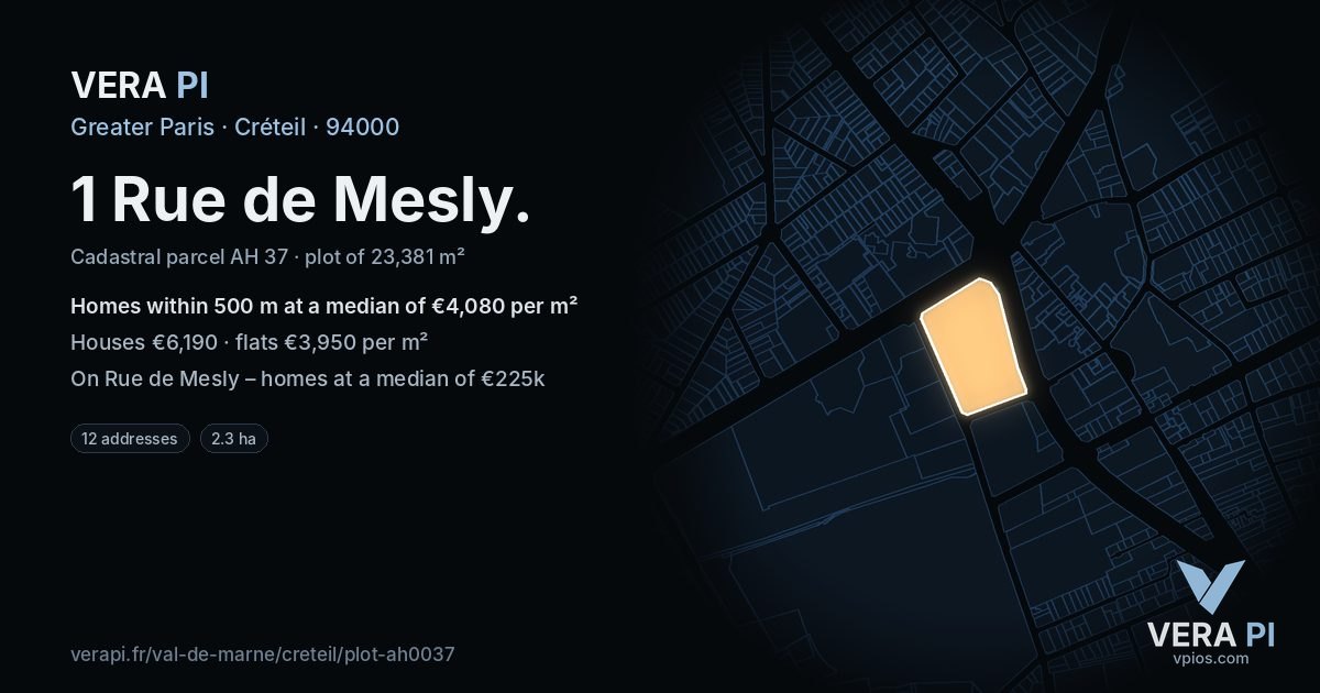 1 Rue de Mesly, Créteil at night – the plot lit, the parcels around coloured by the prices near them