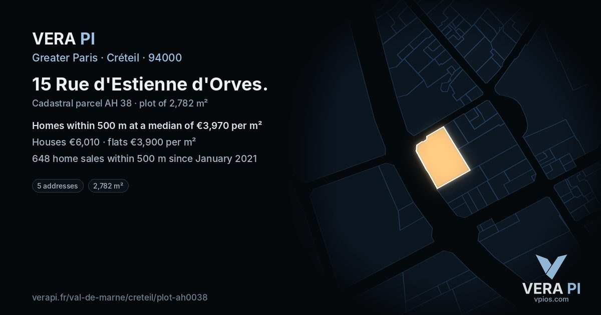 15 Rue d'Estienne d'Orves, Créteil at night – the plot lit, the parcels around coloured by the prices near them