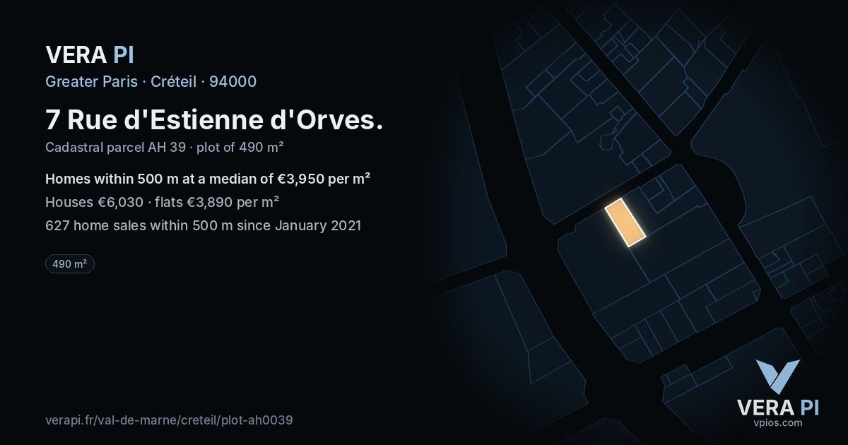 7 Rue d'Estienne d'Orves, Créteil at night – the plot lit, the parcels around coloured by the prices near them