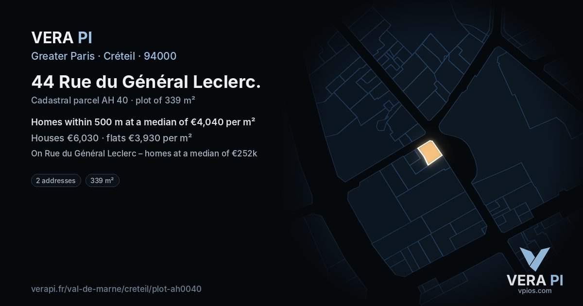 44 Rue du Général Leclerc, Créteil at night – the plot lit, the parcels around coloured by the prices near them