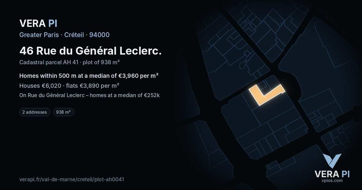 46 Rue du Général Leclerc, Créteil at night – the plot lit, the parcels around coloured by the prices near them