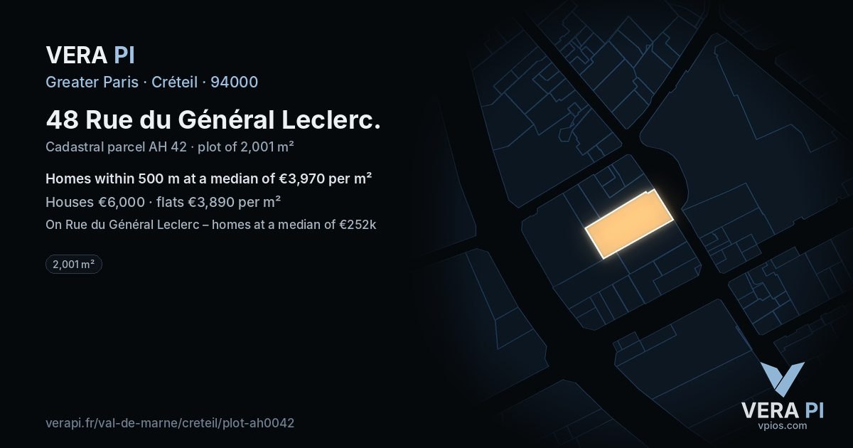 48 Rue du Général Leclerc, Créteil at night – the plot lit, the parcels around coloured by the prices near them