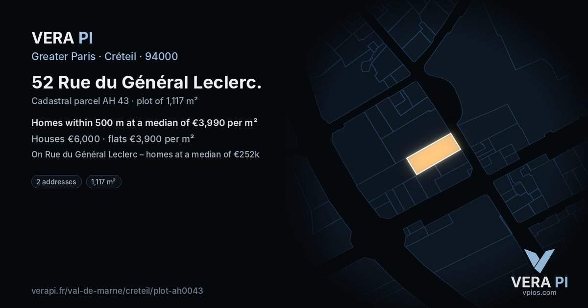 52 Rue du Général Leclerc, Créteil at night – the plot lit, the parcels around coloured by the prices near them